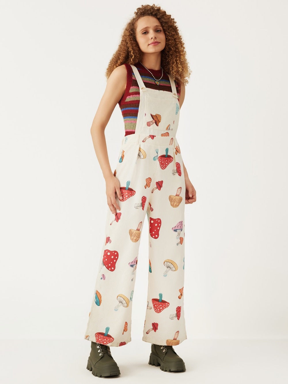 Cider Cream Mushroom Print Wide-Leg Overalls Jumpsuit - Picture 5 of 5